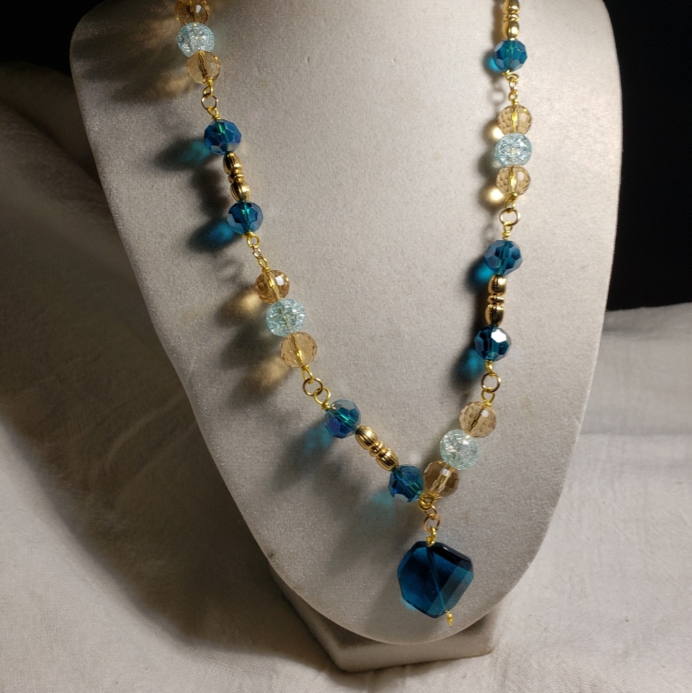 19 Inch Peacock Blue And Yellow Necklace With Gold Colored sPacers